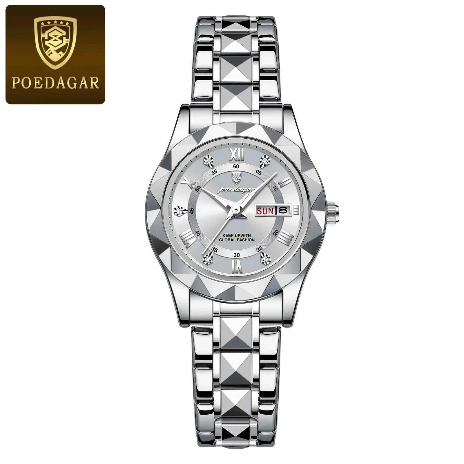 POEDAGAR Luxury Ladies Dress Watch Luminous Waterproof Week Date Woman Wristwatch Stainless Steel Women Quartz Watches reloj+box