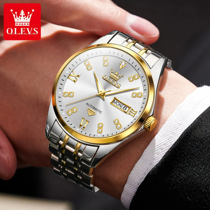 OLEVS Casual Fashion Men Watch Original Stainless Steel Waterproof Dual Calendar Luxury Automatic Mechanical Men's Wrist Watches