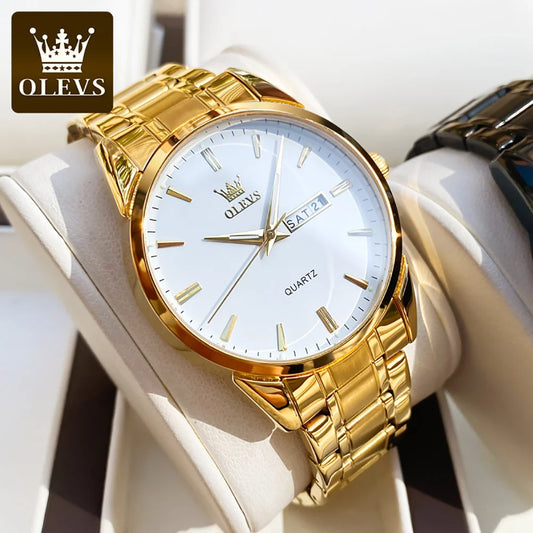 OLEVS Men Watches Waterproof Stainless Steel Quartz Male Wristwatch Gold Watch Fashion Luminous Luxury Calendar Business Clock