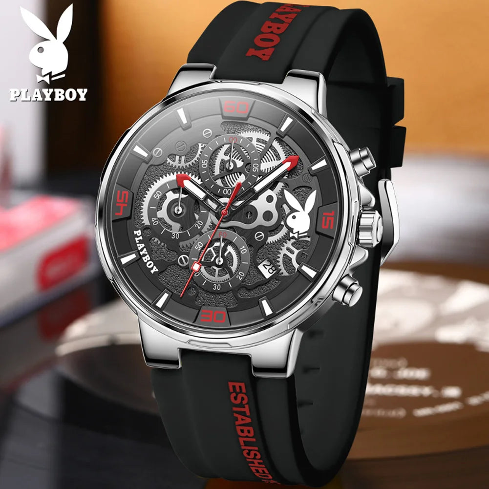 PLAYBOY Original Silicone Strap Male Watch Fashion Trend Multifunction Men's Wrist Watches High Quality Luxury Quartz Watch Men