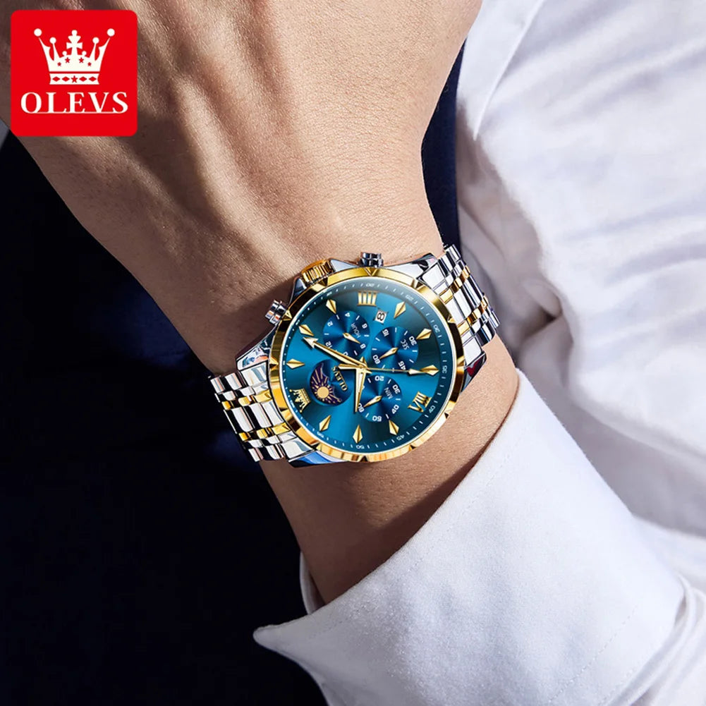 OLEVS Original Fashion Men Watch Stainless Steel Waterproof Luminous Dual Calendar Luxury Multifunction Quartz Men's Wrist Watch