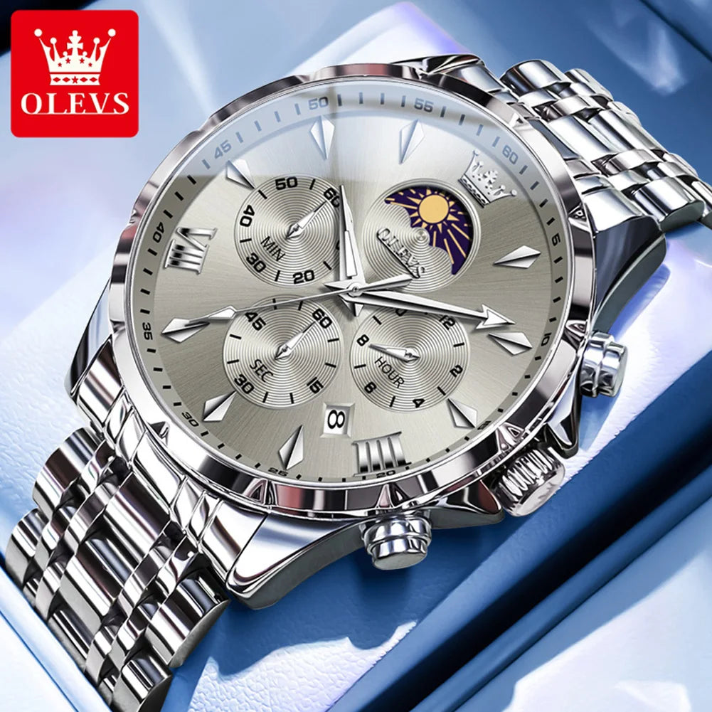 OLEVS Original Fashion Men Watch Stainless Steel Waterproof Luminous Dual Calendar Luxury Multifunction Quartz Men's Wrist Watch
