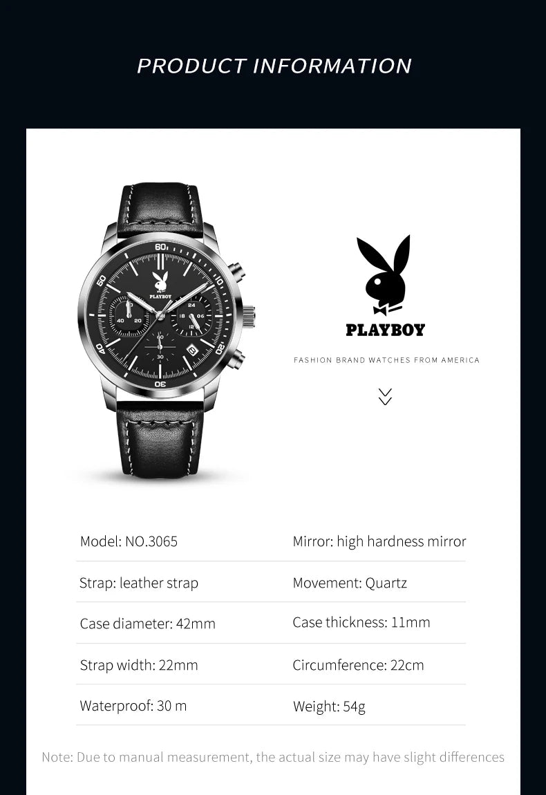 PLAYBOY Top Brand Quartz Watch for Men Original Waterproof Leather Strap Wrist Watch Men Best Selling Fashion Luxury Mens Watch