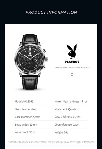 PLAYBOY Top Brand Quartz Watch for Men Original Waterproof Leather Strap Wrist Watch Men Best Selling Fashion Luxury Mens Watch