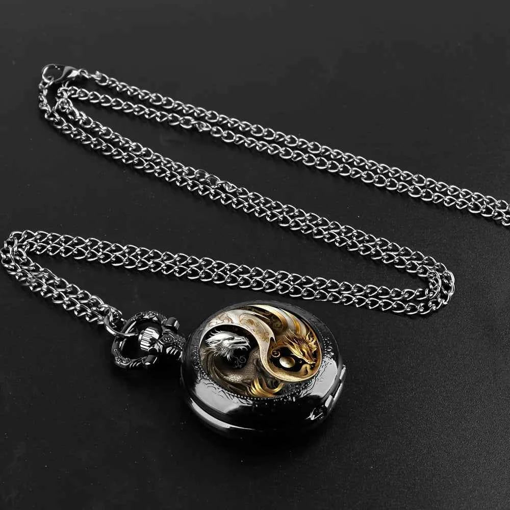 Vintage Inspired Double Dragon Pocket Watch Design with Dual-Tone Golden and Silvery Colors, Precise Quartz Movement  Watch