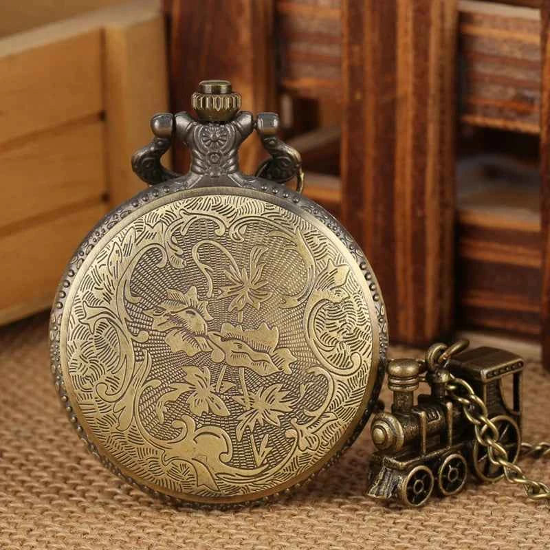 Classic Retro Steampunk Train Quartz Pocket Watch with Necklace Chain Pendant Gift for Male Men Vintage Clock