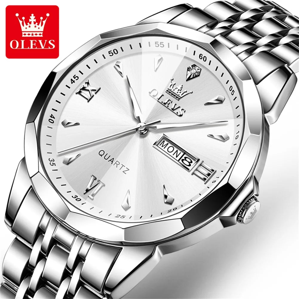 OLEVS Casual Fashion Business Men Quartz Watch Stainless Steel Waterproof Calendar Luminous Original Luxury Men's Wrist Watches