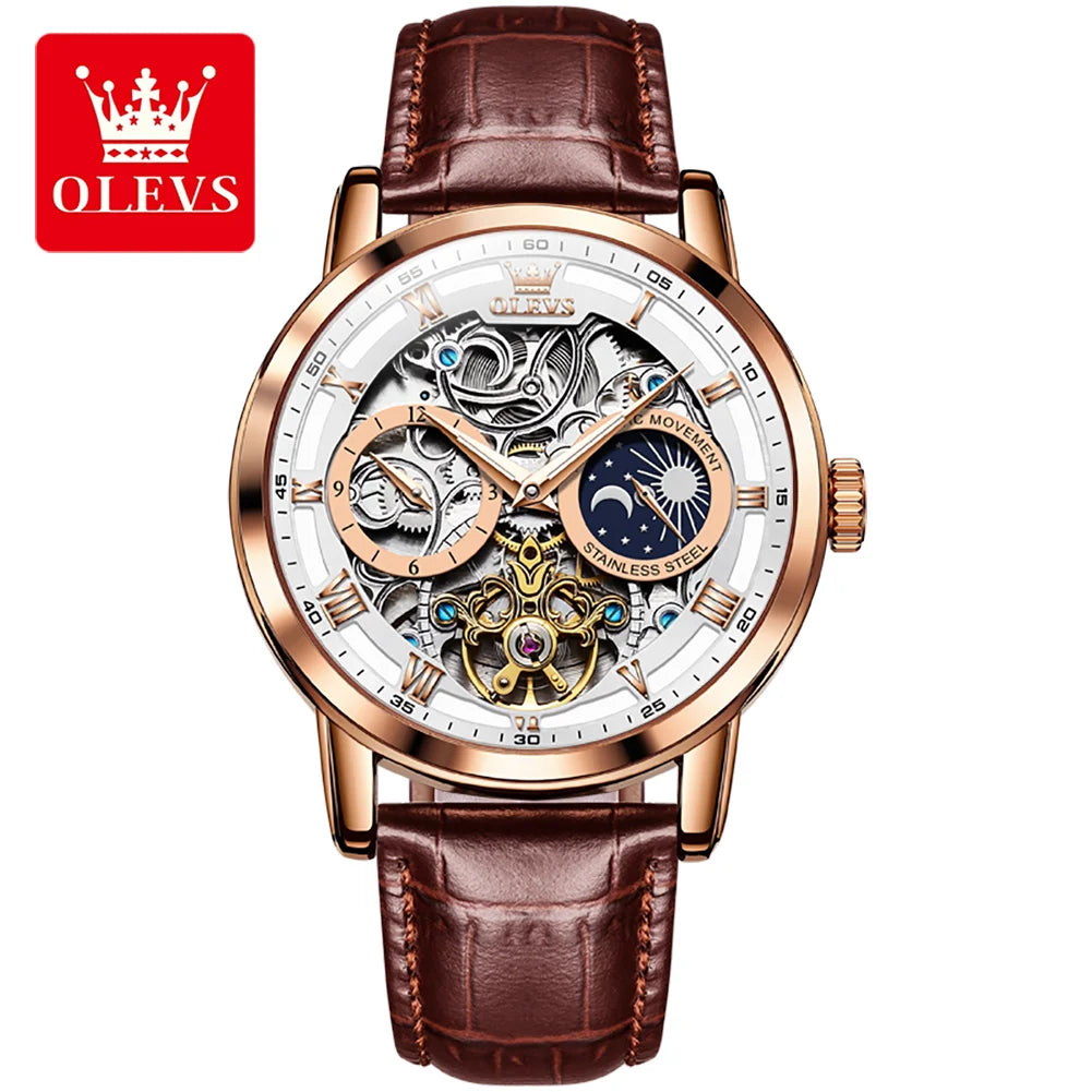 OLEVS Men's Watches Flywheel Hollow Out Full-Automatic Mechanical Wristwatch For Men Waterproof Genuine Leather Moon Phase Watch