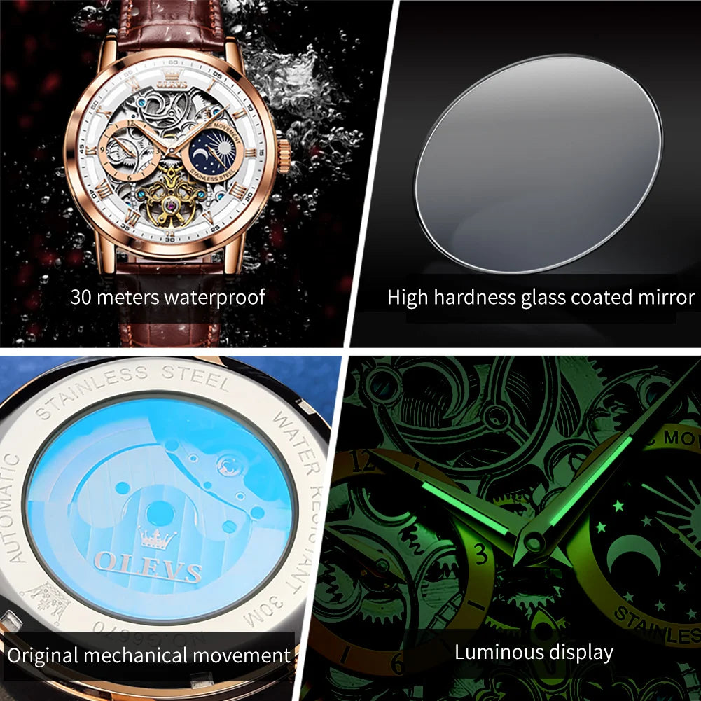 OLEVS Men's Watches Flywheel Hollow Out Full-Automatic Mechanical Wristwatch For Men Waterproof Genuine Leather Moon Phase Watch
