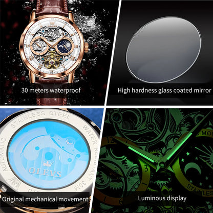 OLEVS Men's Watches Flywheel Hollow Out Full-Automatic Mechanical Wristwatch For Men Waterproof Genuine Leather Moon Phase Watch