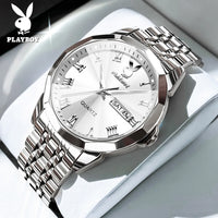 PLAYBOY High Quality Original Waterproof Watch for Men Calendar Luminous Stainless Steel Fashion Business Quartz Wrist Watch Men