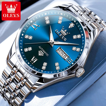 OLEVS Casual Fashion Men Watch Original Stainless Steel Waterproof Dual Calendar Luxury Automatic Mechanical Men's Wrist Watches