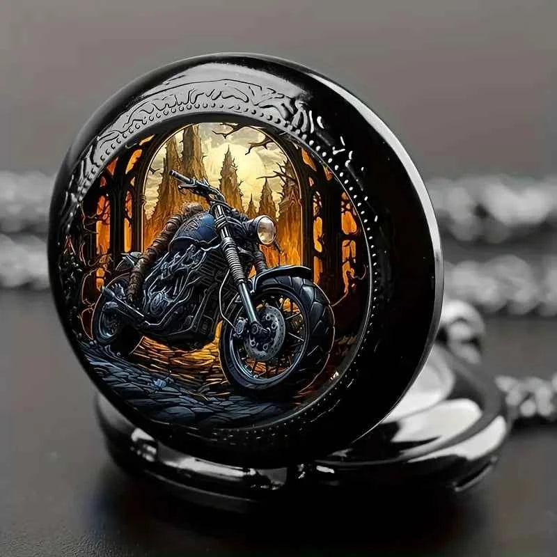 Classic Vintage Black Motorcycle Quartz Pocket Watch, Necklace Pendant With World Time Feature, Ideal Gift For Men & Women and K