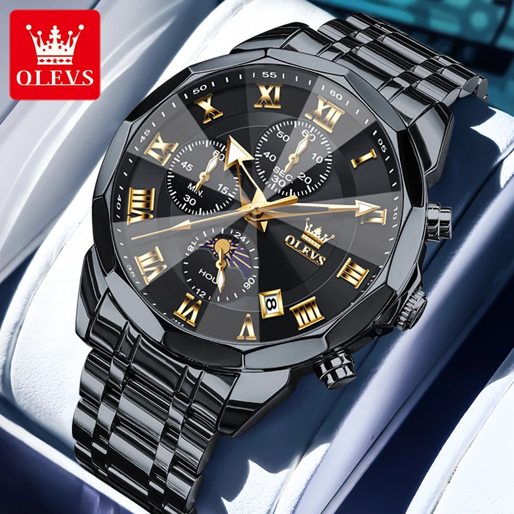 OLEVS High Quality Fashion Business Men Watch Original Stainless Steel Waterproof Multifunction New Quartz Men's Wrist Watches