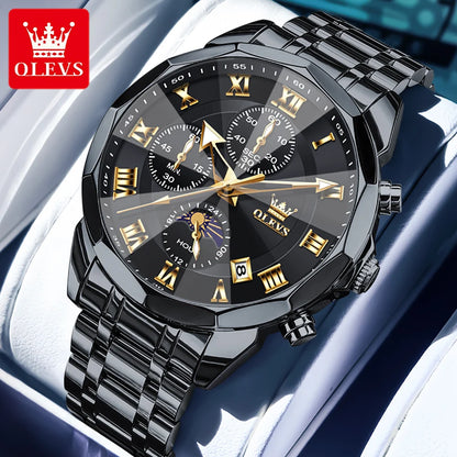 OLEVS High Quality Fashion Business Men Watch Original Stainless Steel Waterproof Multifunction New Quartz Men's Wrist Watches
