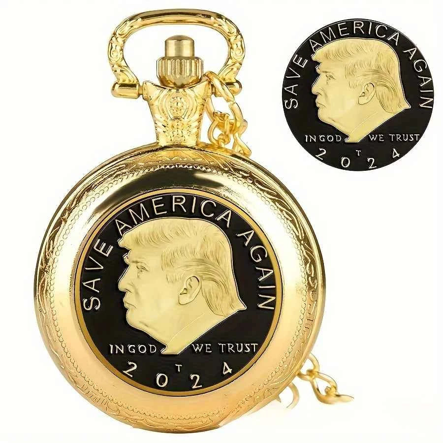 Vintage Style "SAVE AMERICA AGAIN" Trump Memorial Pocket Watch Retro Fashion Necklace Chain Watch Best Gift For Women and Men
