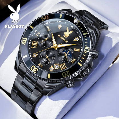 PLAYBOY High Quality Fashion Watch for Men Original Stainless Steel Waterproof Calendar Luxury Multifunction Quartz Men Watch