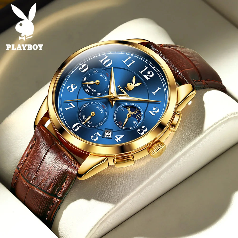 PLAYBOY Fashion Luxury Multifunction Quartz Men's Watches Original Waterproof Calendar Luminous Leather Strap Wrist Watch Men