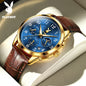 PLAYBOY Fashion Luxury Multifunction Quartz Men's Watches Original Waterproof Calendar Luminous Leather Strap Wrist Watch Men