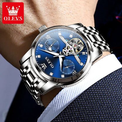 OLEVS Stainless Steel Men Automatic Mechanical Watch Original Skeleton Waterproof Wrist Watch Men Fashion Trend Watches for Men