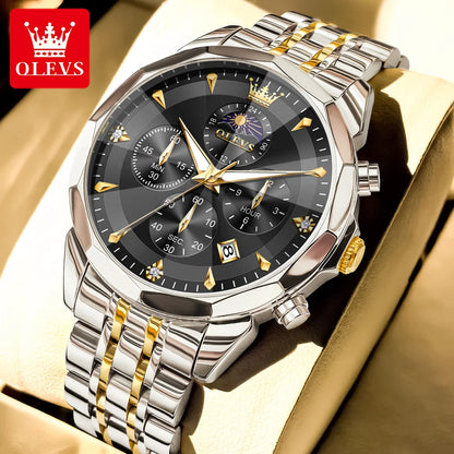 OLEVS Top Brand Fashion Business Watch for Men Original Stainless Steel Waterproof Calendar Quartz Multifunction Wrist Watch Men