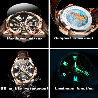OLEVS Original Fashion Trend Business Men Watch Top Brand High Quality Skeleton Leather Strap Automatic Mechanical Watch for Men