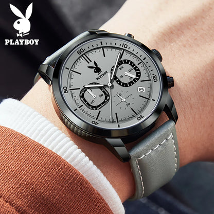 PLAYBOY Original Classic Leather Strap Men Quartz Watch Top Brand Multifunction Wrist Watch Men Casual Fashion Watches for Men