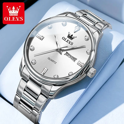 OLEVS Casual Simple Men's Wrist Watches Original Stainless Steel Waterproof Luminous Dual Calendar Quartz Fashion Watch for Men
