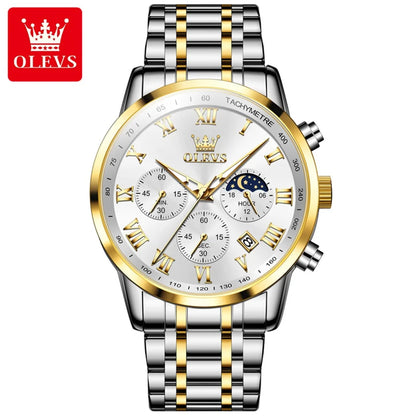 OLEVS Luxury Quartz Watch for Men Business Waterproof Sport Male Watches Leather Strap Moon Phase Wristwatch Relogios Masculino