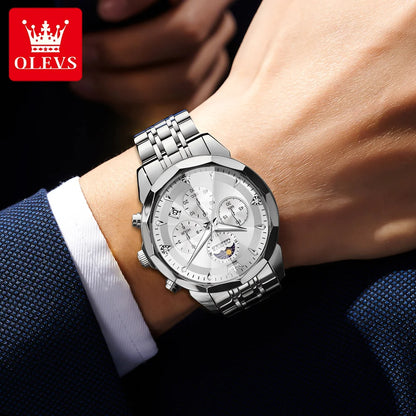 OLEVS Top Brand Fashion Business Watch for Men Original Stainless Steel Waterproof Calendar Quartz Multifunction Wrist Watch Men