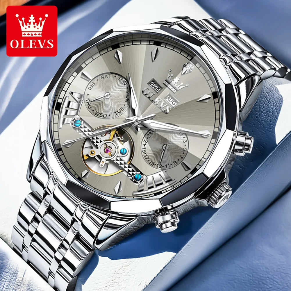 OLEVS High Quality Fashion Luxury Men Watch Original Stainless Steel Waterproof Automatic Mechanical Multifunction Watch for Men