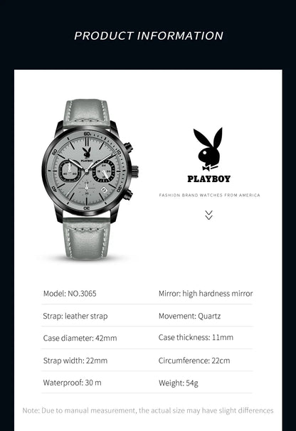 PLAYBOY Original Classic Leather Strap Men Quartz Watch Top Brand Multifunction Wrist Watch Men Casual Fashion Watches for Men