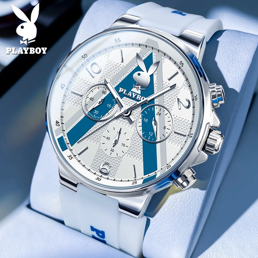 PLAYBOY Sports Chronograph Quartz Watch for Men Fashion Silicone Strap Man Wristwatch Waterproof Luxury Top Brand Men's Watches