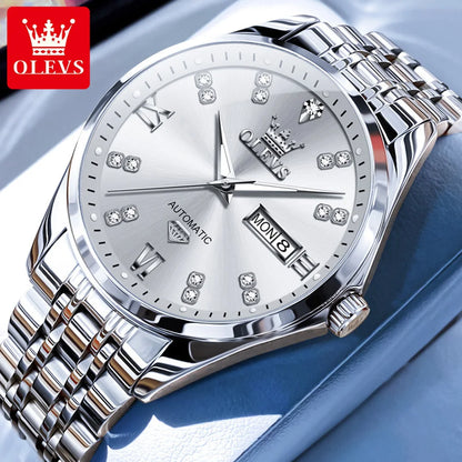 OLEVS Casual Fashion Men Watch Original Stainless Steel Waterproof Dual Calendar Luxury Automatic Mechanical Men's Wrist Watches