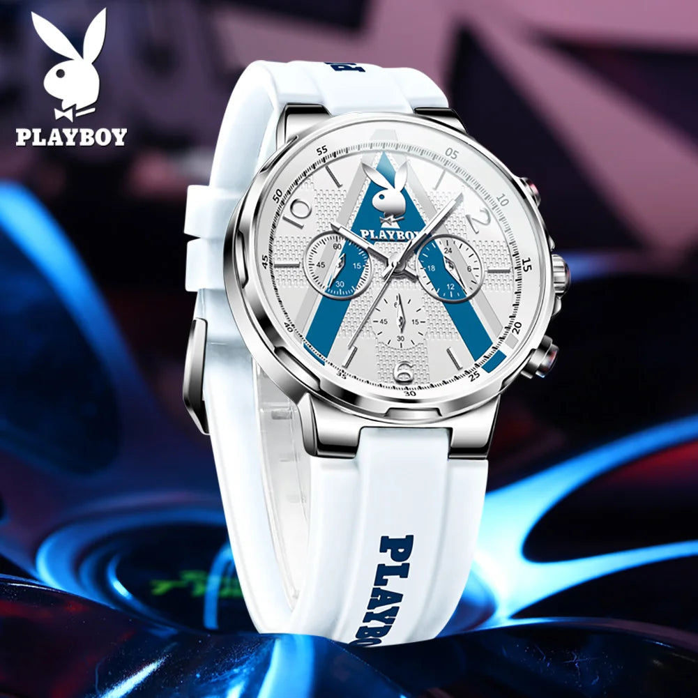 PLAYBOY Sports Chronograph Quartz Watch for Men Fashion Silicone Strap Man Wristwatch Waterproof Luxury Top Brand Men's Watches