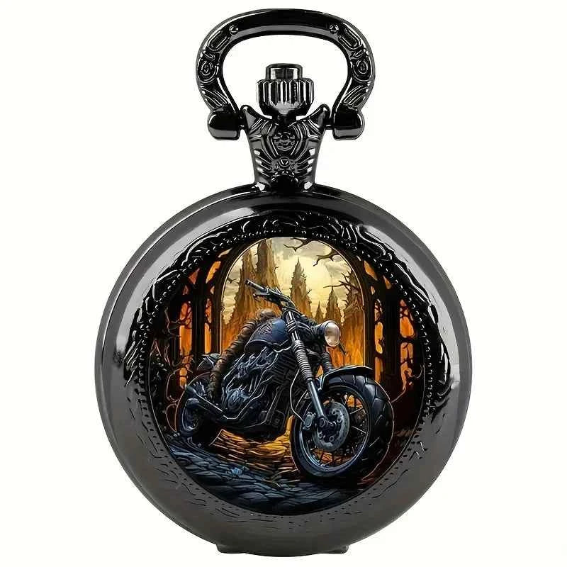 Classic Vintage Black Motorcycle Quartz Pocket Watch, Necklace Pendant With World Time Feature, Ideal Gift For Men & Women and K