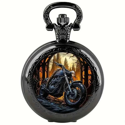 Classic Vintage Black Motorcycle Quartz Pocket Watch, Necklace Pendant With World Time Feature, Ideal Gift For Men & Women and K