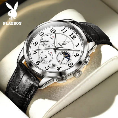 PLAYBOY Fashion Luxury Multifunction Quartz Men's Watches Original Waterproof Calendar Luminous Leather Strap Wrist Watch Men