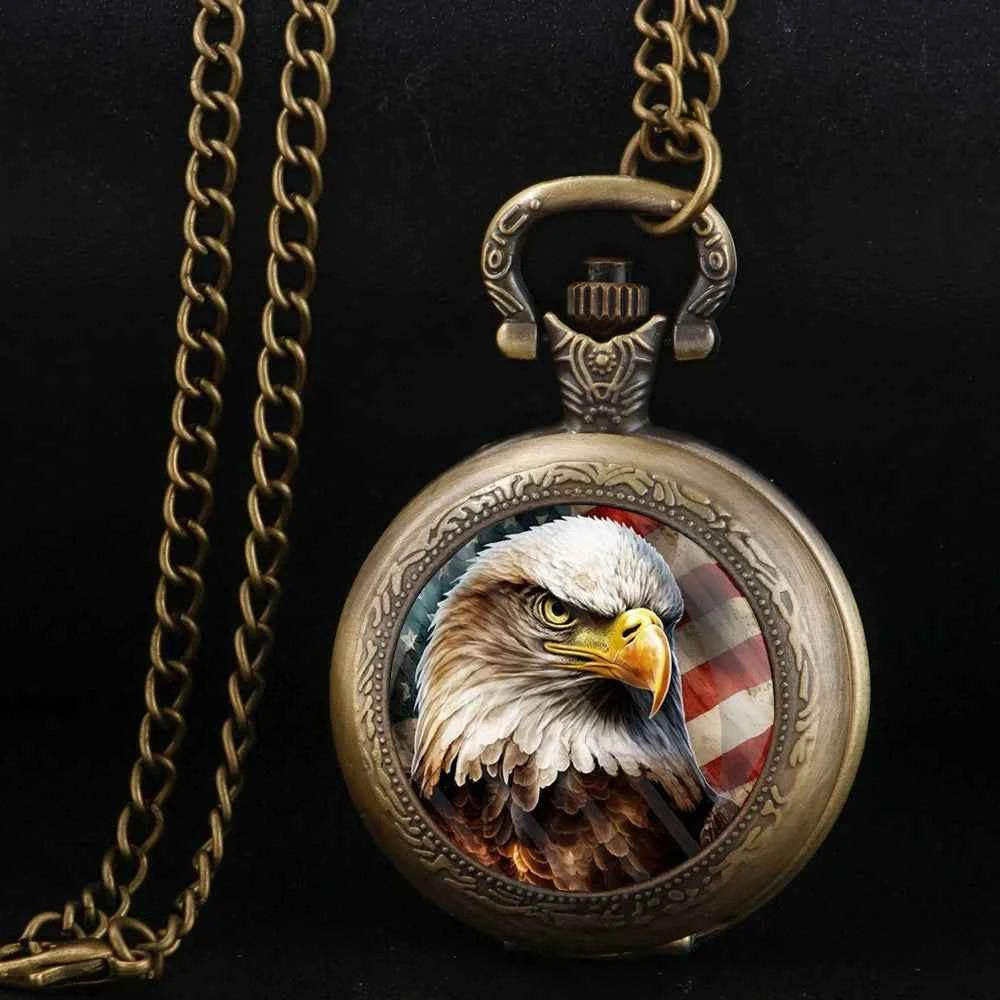 Retro-Style Unique Gold Bronze Eagle Pendant Quartz Pocket Watch with World-Time Function Great Collectible Clock for Men  Kids
