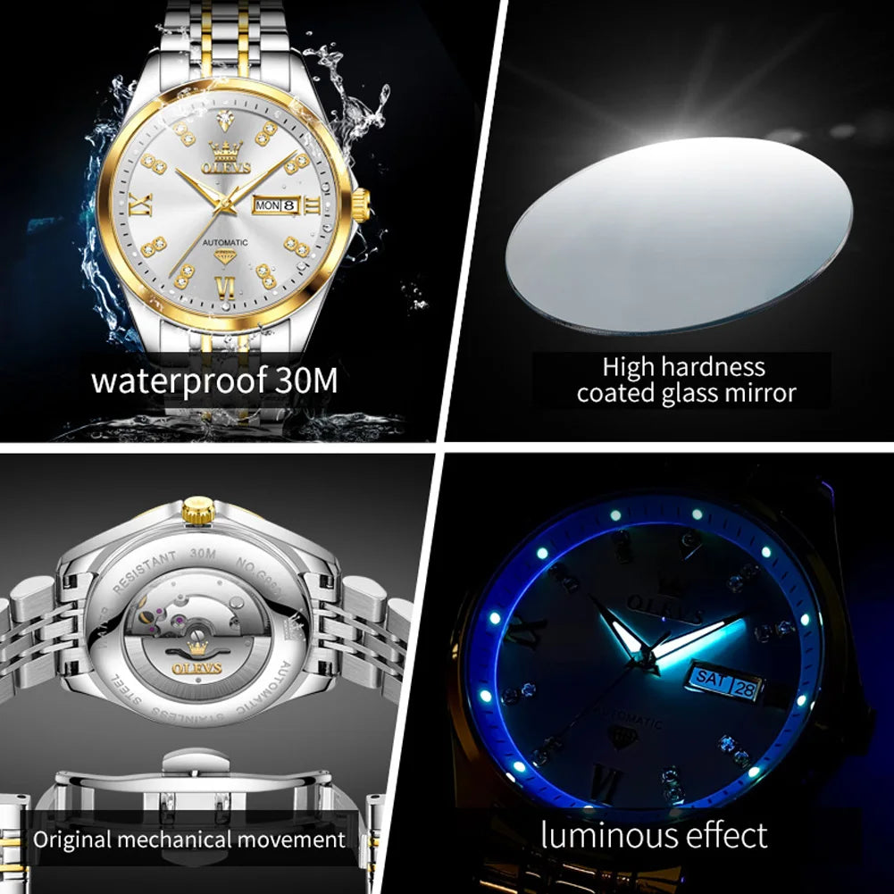 OLEVS Casual Fashion Men Watch Original Stainless Steel Waterproof Dual Calendar Luxury Automatic Mechanical Men's Wrist Watches