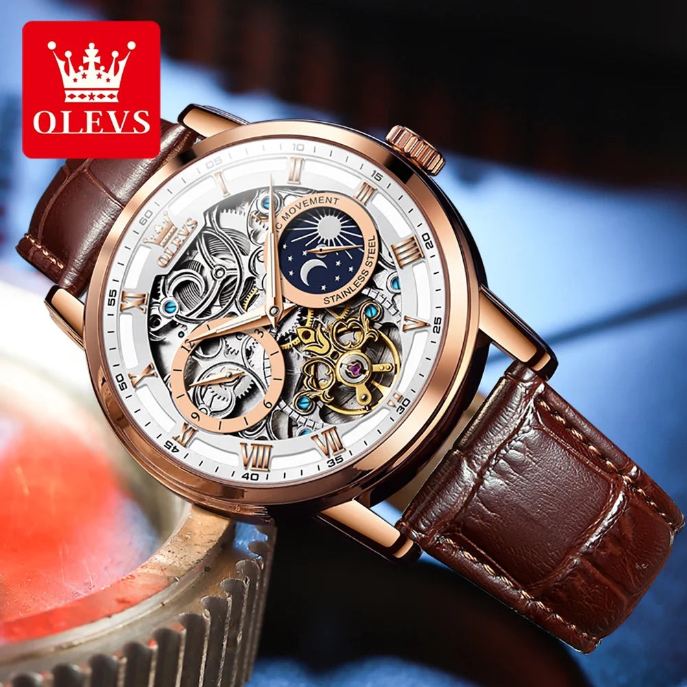 OLEVS Men's Watches Flywheel Hollow Out Full-Automatic Mechanical Wristwatch For Men Waterproof Genuine Leather Moon Phase Watch