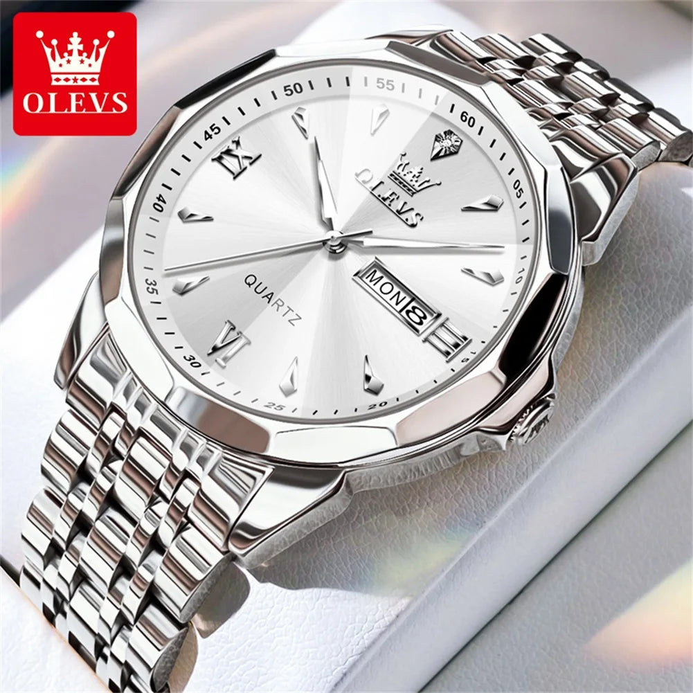 OLEVS Casual Fashion Business Men Quartz Watch Stainless Steel Waterproof Calendar Luminous Original Luxury Men's Wrist Watches
