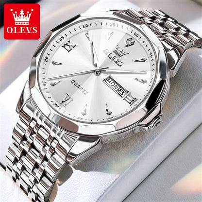 OLEVS Casual Fashion Business Men Quartz Watch Stainless Steel Waterproof Calendar Luminous Original Luxury Men's Wrist Watches
