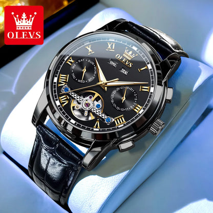 OLEVS Casual Fashion Men's Wrist Watches Best Selling Leather Strap Skeleton Multifunction Luxury Automatic Mechanical Men Watch