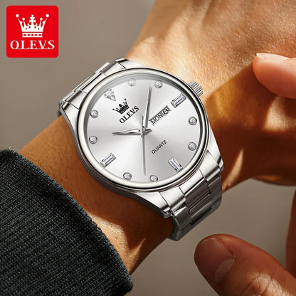 OLEVS Casual Simple Men's Wrist Watches Original Stainless Steel Waterproof Luminous Dual Calendar Quartz Fashion Watch for Men