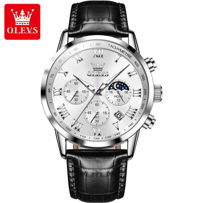 OLEVS Luxury Quartz Watch for Men Business Waterproof Sport Male Watches Leather Strap Moon Phase Wristwatch Relogios Masculino