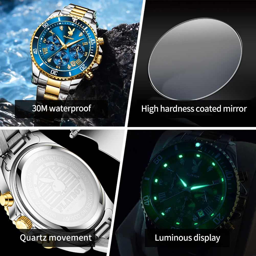 PLAYBOY High Quality Fashion Watch for Men Original Stainless Steel Waterproof Calendar Luxury Multifunction Quartz Men Watch