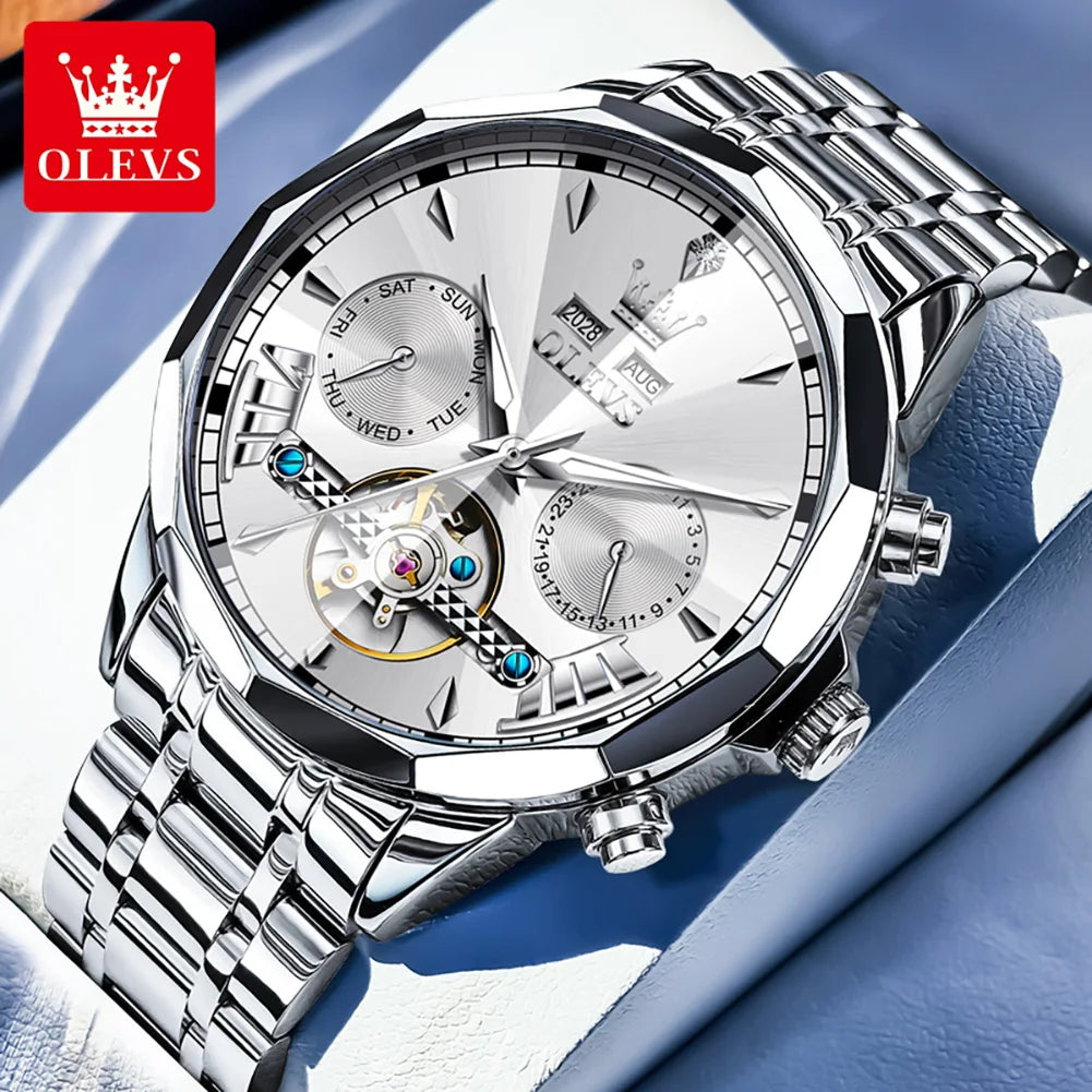 OLEVS High Quality Fashion Luxury Men Watch Original Stainless Steel Waterproof Automatic Mechanical Multifunction Watch for Men