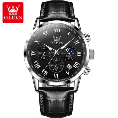 OLEVS Luxury Quartz Watch for Men Business Waterproof Sport Male Watches Leather Strap Moon Phase Wristwatch Relogios Masculino