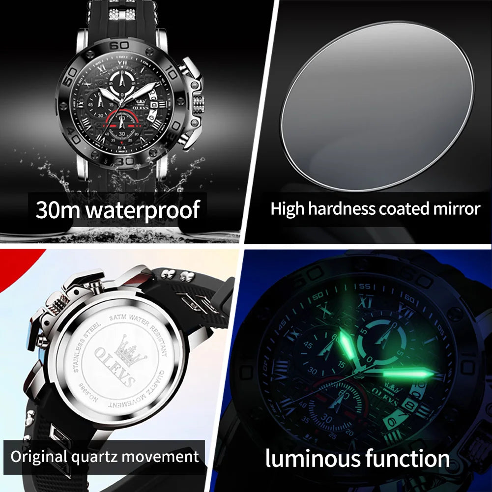 OLEVS High Quality Original Fashion Men Watch Best Selling Luxury Silicone Strap Waterproof Multifunction Quartz Wrist Watch Men